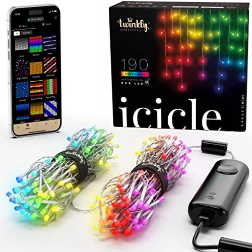 Twinkly Icicle 190 LED RGB, Luci a Cascata LED Esterno e Interno, Luci LED Smart Multicolore RGB, Compatibile con Alexa, Google Home, IP44, Controllo da App, Filo Trasparente, 5.5m