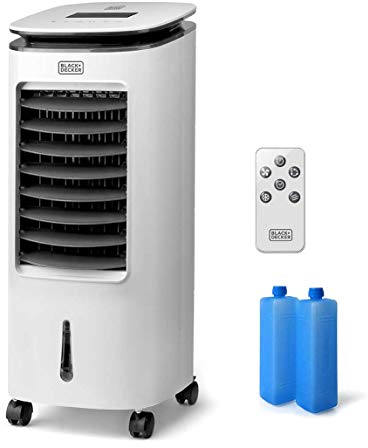 Black+Decker – BXAC7E Ventilador Humidificador y Purificador. Climatizador. Control remoto. Oscilación. 3 velocidadesy modos. 5L. 2 contenedors de hielo. Aire 234m3/h. Blanco
