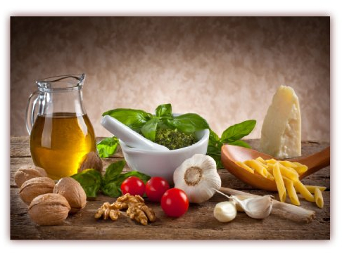 LYSCO XXL Poster Küche 100 x 70cm (F-228) Küchenposter Nudeln mit Pesto, Knoblauch Tomaten Nüsse Käse Öl Basilikum (Lieferung gerollt!)