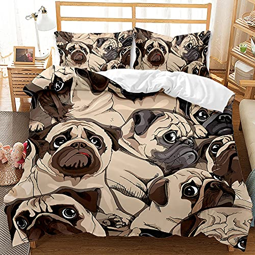 FANSU 3D Bettwäsche-Set Mikrofaser Bettwäsche Set für Kinder Erwachsene - Hündchen Drucken Bettbezug mit Reißverschluss Schließung + Kissenbezug (Mops,135x200cm)