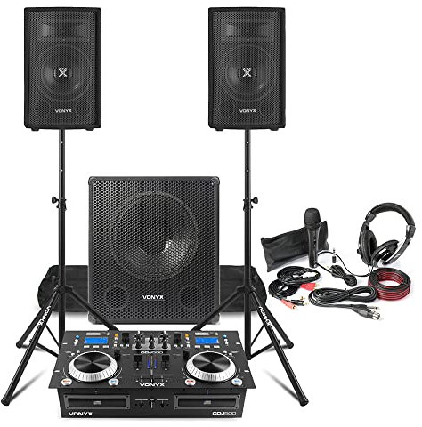 VONYX Complete DJ Setup Kit with 8 Passive PA Speakers, 15 Active Subwoofer, Dual CD Mixer with Bluetooth, Speaker Stands, Microphone & Headphones - Full Home DJ Starter System