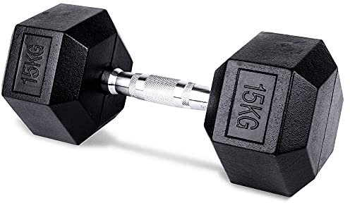 unycos - Hexagon-Hantel【1 x 15 kg】Gusseisen-Kurzhantel mit Gummi, Ergonomischen Verchromten Griff, Professionelle Gewicht für Zuhause, Krafttraining, Gymnastik und Fitness