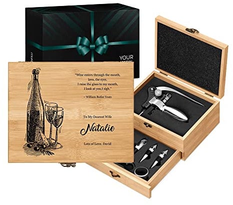 Maverton Wine Opener Set - Engraved Sommelier Corkscrew Set - Stainless Steel Wine Opening Accessories - Customized Wine Opening Kit in Bamboo Case - Gift for Woman - Picknick