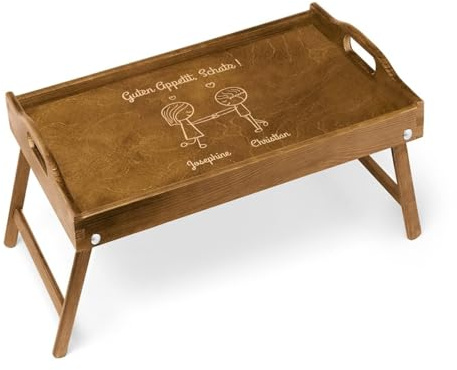 Maverton Betttablett mit Gravur, Sofatisch mit Griffen, klappbar, Braun | Mit erhöhtem Rand, Geschenk für Paare, Einzugsgeschenk, Hochzeitsgeschenk, Dunkelbraun, Guten Appetit