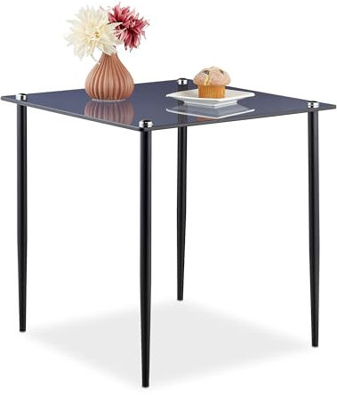 Relaxdays Mesa Auxiliar Cristal, Acero y Vidrio, Mesita Café Cuadrada, 50x50x50 cm, Mesilla Salón Moderna, Gris y Negro