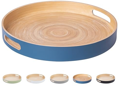 HABITAAS Spun Bamboo Round Wooden Tray, Blue, 13.75 Inches