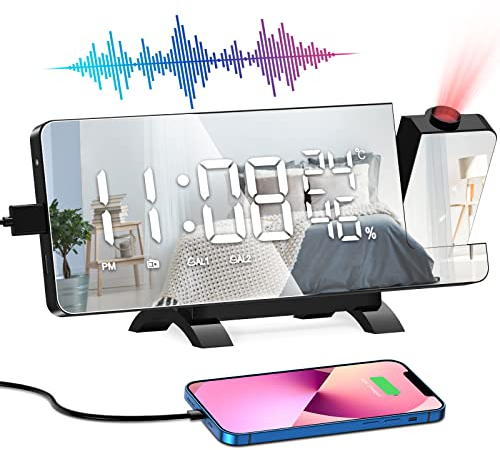 ShinePick Radio Réveil Numérique, Reveil Projecteur Plafond avec Miroir LED Écran, Double Alarme, Snooze, 6 Luminosité, Port USB, 12/24H, Horloge Digitale FM Radio Reveil Matin de Maison Bureau Noir