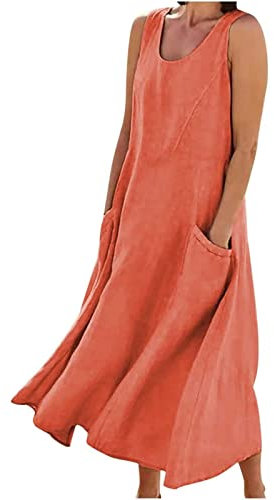 Robe sans Manches en Coton et Lin pour Femmes, Robes d'été à col Rond de Couleur Unie, Robe d'été Ample et Confortable pour la Plage (Orange,L)
