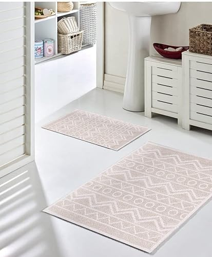 Pasha Home 2er und 1er Pack Badematte 2 Stück 50 x 80 cm Winter Beige/Badteppich aus Baumwolle/weicher Badvorleger rutschfest waschbar/moderner Badvorleger für Badezimmer, Dusche oder Küche