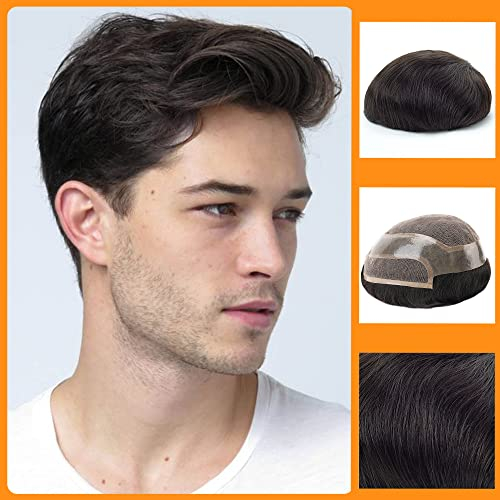 Zakya Perücke Männer, mit Spitze und dünner Haut,100% Echthaar, Leichte Mittlere Dichte, Komfortables und Atmungsaktives Haarsystem (Off Schwarz 1B# 20 * 25 CM)