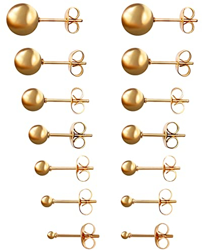 Unisex Perlen Kugel Ohrstecker Set - 7 Paar Edelstahl Imitation Perlen Kugel Ohrringe Ohr Piercing Geschenk für Herren Damen Gold 2mm/3mm/4mm/5mm/6mm/7mm/8mm