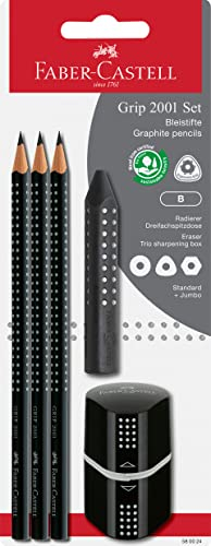Faber-Castell 580024 - Bleistifte Set Grip 2001, 5-teilig mit 3 Bleistiften, Radiergummi und Spitzer, schwarz