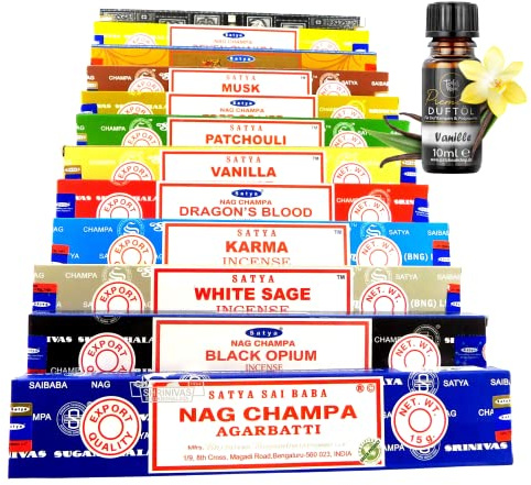 Räucherstäbchen Sparset | + Duftöl von Teufelsküche | 12x Satya Nag Champa | ausgewählte Düfte a 15g | Agarbatti