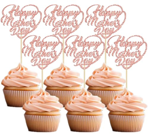 Gyufise 36Pcs Happy Mother's Day Cupcake Toppers Rose Gold Glitter Love Heart Mother's Day Cupcake Picks Best Mom Cake Decorations for Happy Mother's Day Theme Women Birthday Party Supplies