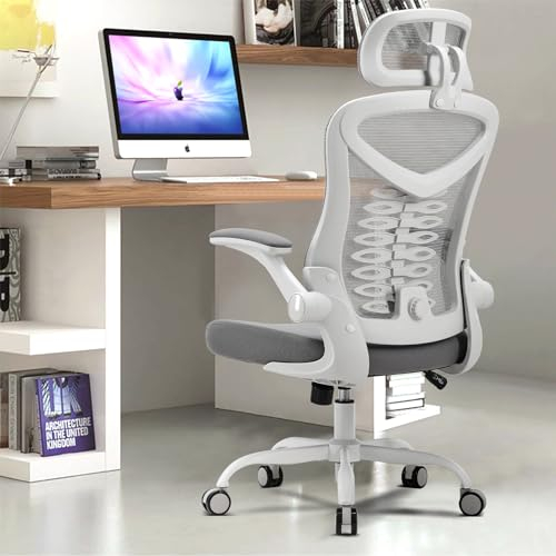 Magic Life Office Chair, Adjustable Desk Chair with Flip-up Armrest, Rebound Seat Cushion, Breathable Mesh High Back, Comfortable Lumbar Support, Movable Headrest 360° Rotation, White