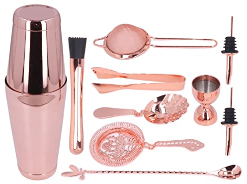Cocktail-Shaker-Set, 11-teiliges Boston-Barkeeper-Set aus Edelstahl, Stößel Für Cocktails, Professionelles Barwagen-Zubehör Zum Mixen von Getränken, Zuhause, Party(Roségold)