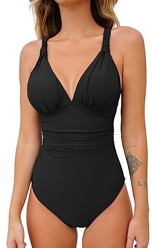 CUPSHE Women One Piece Swimsuit Deep V Neck Tummy Control Ruched V Back Classic Bathing Suits Black XL