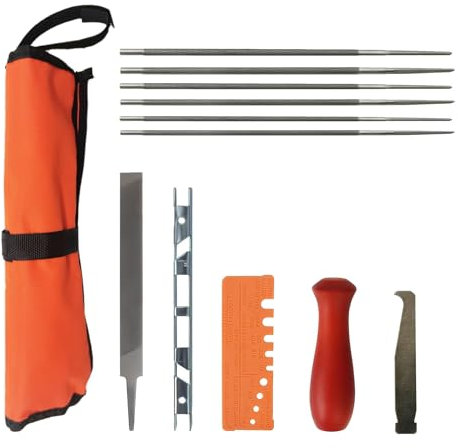 COSY GARDEN TOOLS Kit d'affûtage pour tronçonneuse, avec 6 Limes Rondes, 6″ Flat File, Depth Gauge, Wooden Handle, File Guide, Tool Bag (Ensemble de 12 pièces)