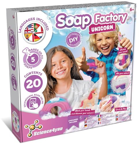 Science4you Unicornio Lab Kit de Fabricación de Jabón para Niño - Haga Sus Propios Jabones, Juguete de Unicornio en el Interior que Brillan En La Oscuridad, Regalo de Belleza para Niñas y Niños 6 7 8+