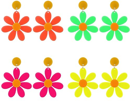 4 Paar Blumen Ohrringe Neon Damen 80er Jahre Retro Acryl Bunt Übertriebene Neonfarbene Boho Halloween Kostüm Party Zubehör 90er Accessoires Outfit