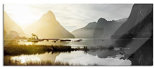 Pixxprint Glasbild Panorama, Wandbild aus Echtglas, Milford Sound Neuseeland, 100x40 cm, inkl. Aufhängung und Abstandshalter