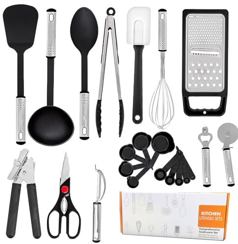 Kitchen Utensil Gadgets Set Cooking Utensils Set 23PCS Stainless Steel Kitchen Utensils Set Heat Resistant Kitchen Gadgets Cookware for Non Stick Pans (Black)