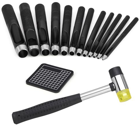 TLKKUE Hole Punch(1.0-10mm), Round Leather Working Hollow Punch Steel Heavy Duty Hole Punches with Leather Carving Hammer Cutting Mat for Watch Band, Belt, Wristband DIY Crafting