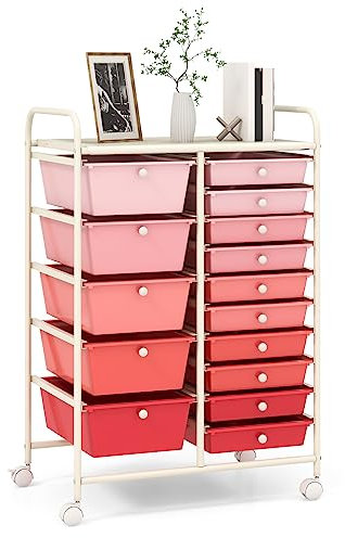 GOPLUS Rollwagen mit 15 stapelbaren Schubladen, Schubladenwagen Farbewahl, Beistellwagen Haushaltswagen Rollcontainer Badrollwagen Badtrolley Badregal (Rosa)