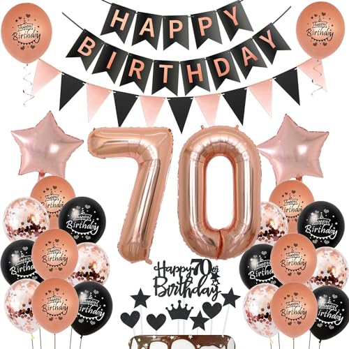 Palloncini decorazione 70 anni compleanno donna Nero Oro Rosa, palloncini 70 anni compleanno donna decorazione compleanno 70 anni donna decorazione torta 70 anni compleanno donna Oro Rosa