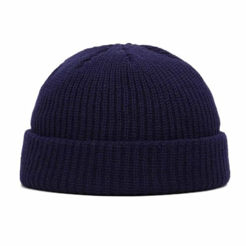 SHTGOI 2 Stück Strickmütze Wolle Beanie Mütze Unisex Einfarbig Fischermütze Cropped Troyer Mütze Seemannsmütze Hip Hop Beanie Atmungsaktiv Schippermütze Winter Mütze für Damen Herren Marineblau