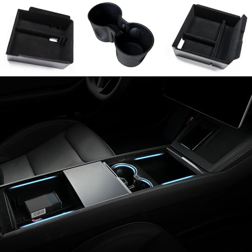 TOPABYTE Mittelkonsole Organizer für Tesla Model Y Juniper Model 3 Highland 2025 2024 Armlehnenablage Armlehne Aufbewahrungsbox Mittelkonsolen Getränkehalter Becherhalter (3 Stück)