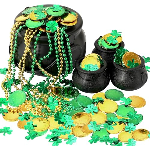 BOARDFEB 340 Pcs St Patricks Day Pot of Gold, 1 Large, 3 Mini Black Leprechaun Cauldron 200 Plastic Gold Coins 6 Beaded Necklaces 130 Shamrock Confetti for St Patricks Day Party Decoration Supplies