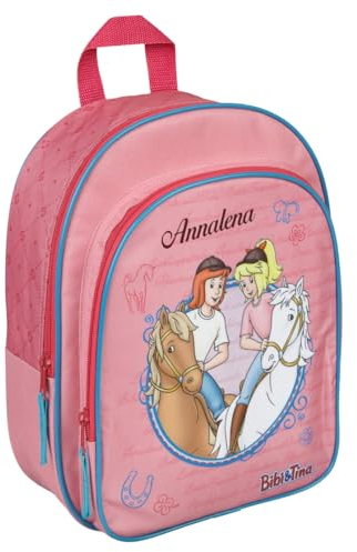 Undercover Kindergartenrucksack Bibi & Tina Mädchen - Personalisiert mit Name - Mädchenrucksack mit Vortasche Pferde rosa - 2 Fächer 25x31x10 cm