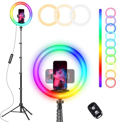 UBeesize 12” RGB Selfie Ring Light with 62” Extendable Tripod Stand & Remote, LED Light with Phone Holder for Video Recording/Makeup/Content Creator (YouTube/TikTok/Twitch), Phone, Camera & Webcam