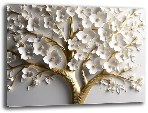 Quadro Moderno Camera da letto ALBERO della VITA FIORI BIANCHI Astratto Quadri moderni soggiorno fiore bianco Parete Stampa su tela Canvas Decorazione Murale muro Arredo Salone (10, 30x40 cm)