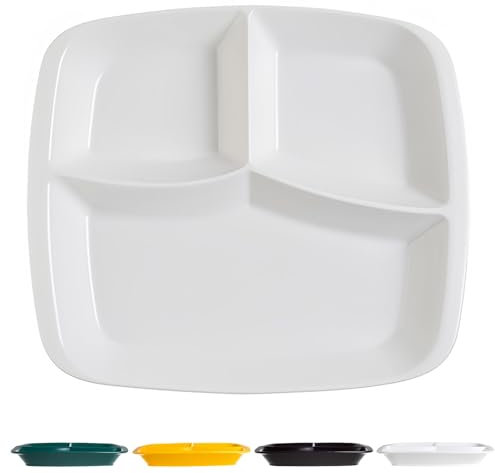 Dowbom Large Portion Control Plates, Solid Color Divided Plates For Adults, Bariatric Plates For Portion Control, Reusable 3 Section Lunch Tray (11,White)
