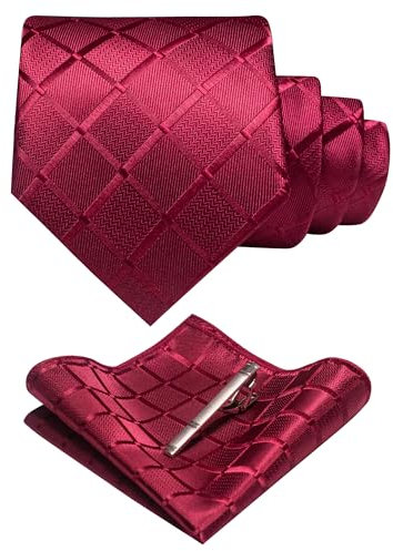 JEMYGINS Herren Hochzeit Krawatten-Set mit Karomuster und passendem Einstecktuch sowie Krawattenklammer - einfarbig in verschiedenen Farben erhältlich Rotwein