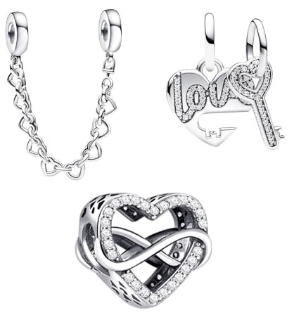 Rimgoris 925 Sterling Silber Charm für Damen-Armbänder, Halskette, Herz, ewige Liebe, Sicherheitskette, baumelnde Charms, Damen-Armband-Charm, 3er-Pack