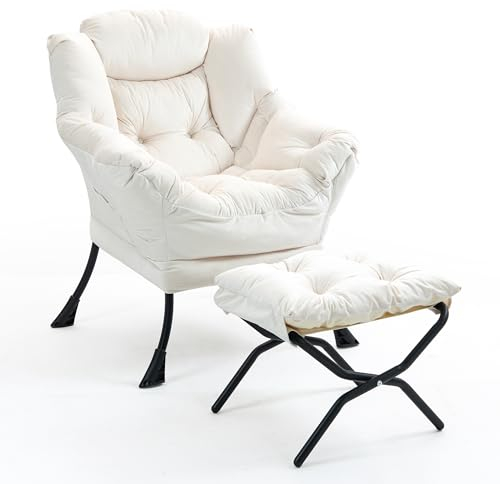 TIANSHU Fauteuil de Salon en Velours Avec Repose Pieds, Relax Avec Support de Nuque, de Lecture Avec Pieds en Métal, Coussins épais Pour Salon Chambre Bureau (Beige)