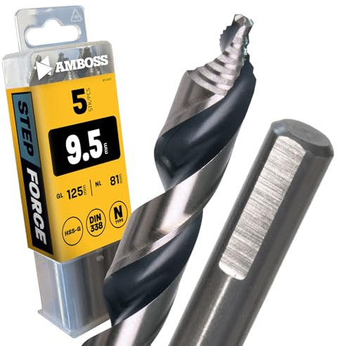 AMBOSS WERKZEUGE® Lot de 5 forets hélicoïdaux Step Force Ø 9,5 mm – HSS-G DIN 338 pour acier, acier doux, aluminium, métaux colorés, profilés, hexagonaux pour perceuse, perceuse sans fil, perceuse à