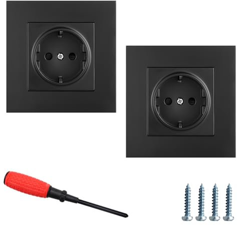 ZIGefofo 2 Stück Unterputz Steckdose Schwarz Matt mit 1 Schraubendreher Einzelsteckdose 86mm 110V-250V/16Amp EU-Standard Wandsteckdosen Erhöhtem Berührungsschutz und Schutzkontakt - 1 Fach