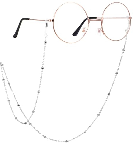 Prasacco Brillenkette Damen, 70 cm Silberne Brillenkette Anti-Verlust-Kette für Brillen Perlen Kette Lanyard Halter für Kurzsichtigkeit Brillen, Sonnenbrillen, Sportbrillen, Lesebrillen