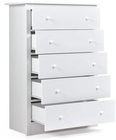 GIANTEX Kommode mit 5 Schubladen, moderne Kommode für das Schlafzimmer, 115 cm hoch aus Holz mit Metallgleitschienen für Schrank, Eingang, Wohnzimmer, Kinderzimmer, Weiß