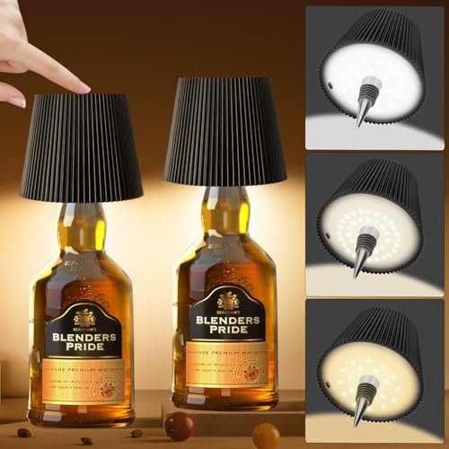 Mucek 2 Stück Flaschenlampe Aufsatz LED Aufladbar, Flaschenleuchte zum Stecken, Lampe für Flaschenhals, Dimmbare 3 Farben Flaschenlicht, 5200 mAh Touch Lampe Kabellos für Innen Außen Restaurant Bar