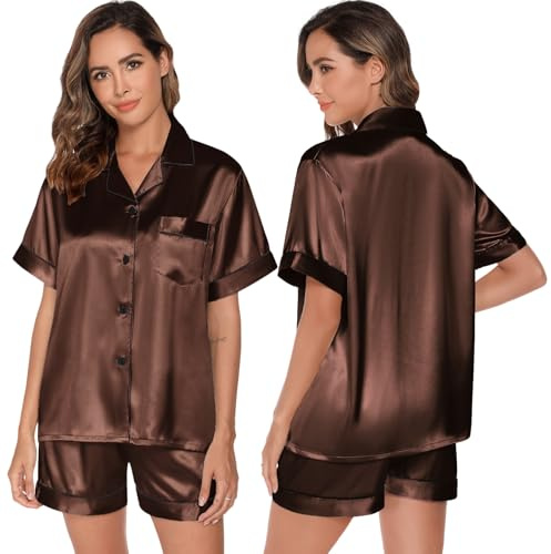 GAESHOW Ensemble de Pyjama Deux pièces en Satin de Soie pour Femme, avec Haut à Manches Courtes et Boutons