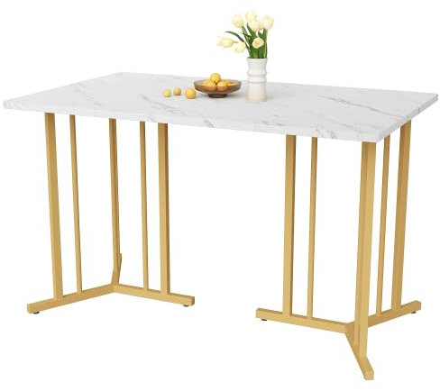 Merax Rechteckiger Esstisch 140x80cm Küchentisch, Marmormuster, verstellbaren Füßen, Einzigartige Metallrahmen, für 4-6 Personen, geeignet für Restaurant, Wohnzimmer, Küche,Wohnzimmer, Weiß/Gold