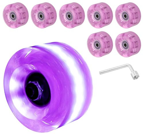 PATIKIL Roller Skate Wheels Set,8 Pack 58mm 82A Light Up Skateboard Cruiser Wheels Set with Bearings Trucks Tool Kit for Outdoor Double Row Skating, Purple