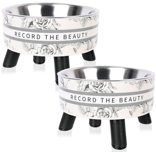 2PCS Raised Cat Food and Water Bowl Set With Stand - Non-Slip Stainless Steel Pet Bowls, Cat Accessories (Floral)