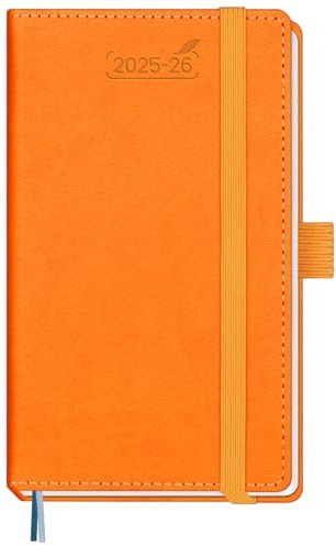 BEZEND Kalender 2025 2026 Klein Wochenplaner A6, 18-Monate Taschenkalender Juli 25-Dez 26, Buchkalender PU-Leder Hardcover mit Stifthalter - Orange