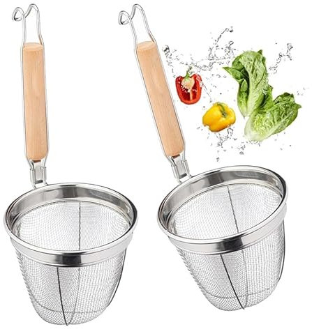 YouXiaor Edelstahl Nudel Sieb 2PCS Multifunktionaler Servierkorb Küchensieb Entleeren Sieb mit Holzgriff Nudel Korb Löffel Chinesisch